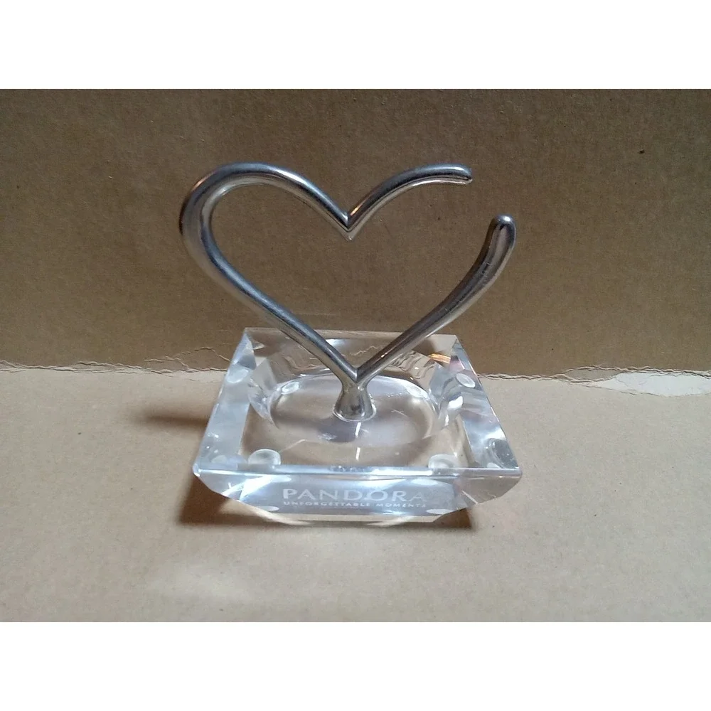 Pandora Etched Crystal & Silver Open Heart Charm Ring‎ Holder Jewelry Stand